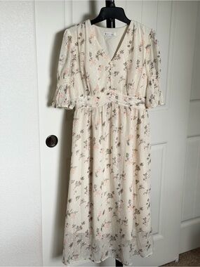 Cream Floral V-Neck Midi Dress
